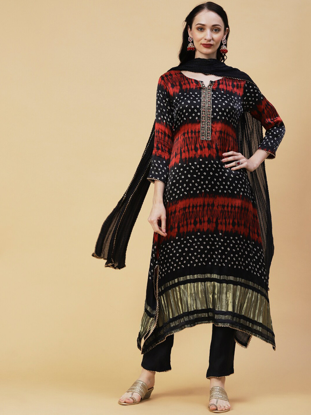 

Envy Me by FASHOR Bandhani Printed Thread Work Asymmetric Kurta with Trousers & Dupatta, Navy blue