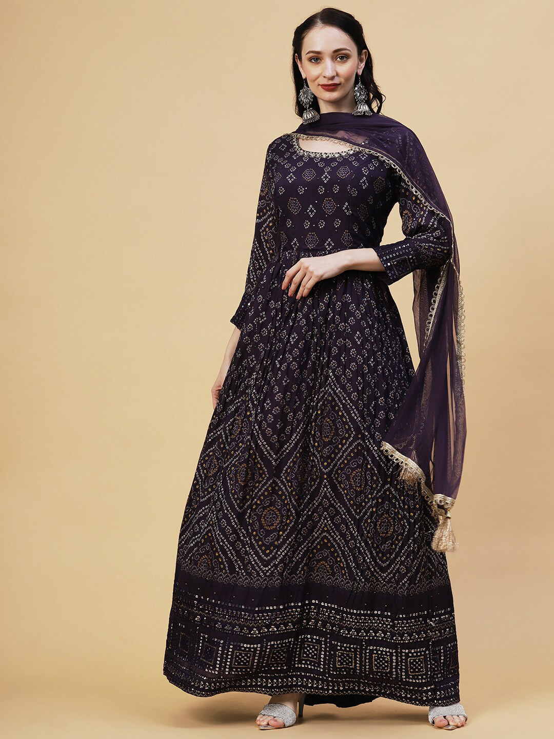 

Envy Me by FASHOR Ethnic Motif Printed Embroidered Fit & Flare Ethnic Dress With Dupatta, Navy blue