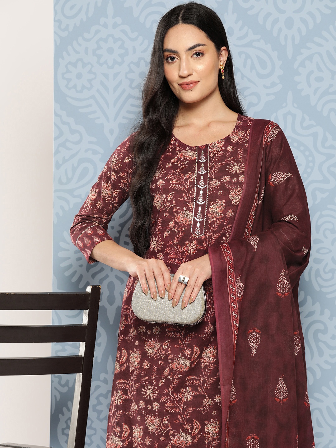 

Yufta Floral Printed Regular Gotta Patti Pure Cotton Kurta with Trousers & Dupatta, Maroon