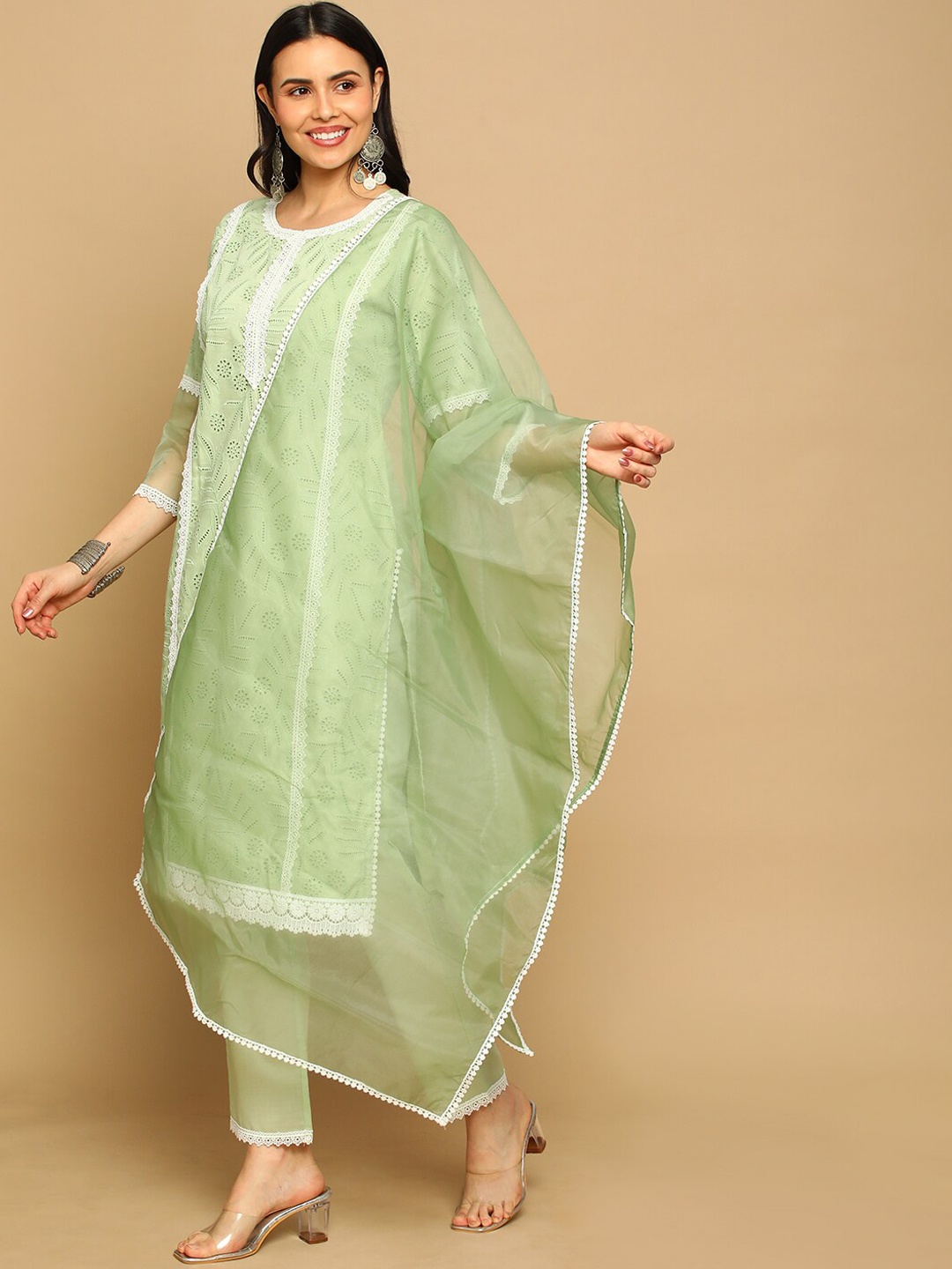 

HEEPOSH Schiffli Pure Cotton Kurta with Trousers & Dupatta, Green
