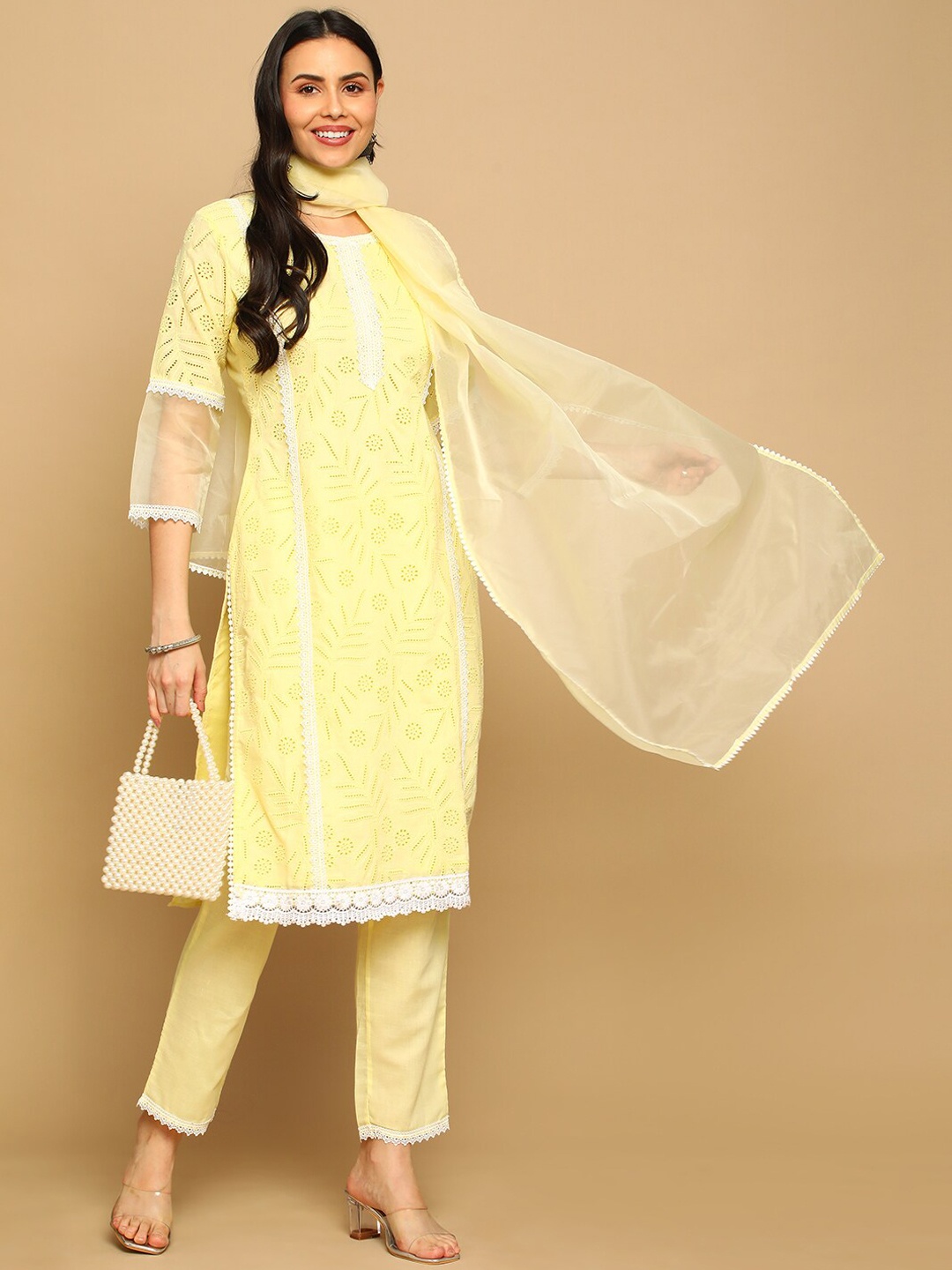 

HEEPOSH Self Design Thread Work Pure Cotton Kurta With Trousers & Dupatta, Yellow