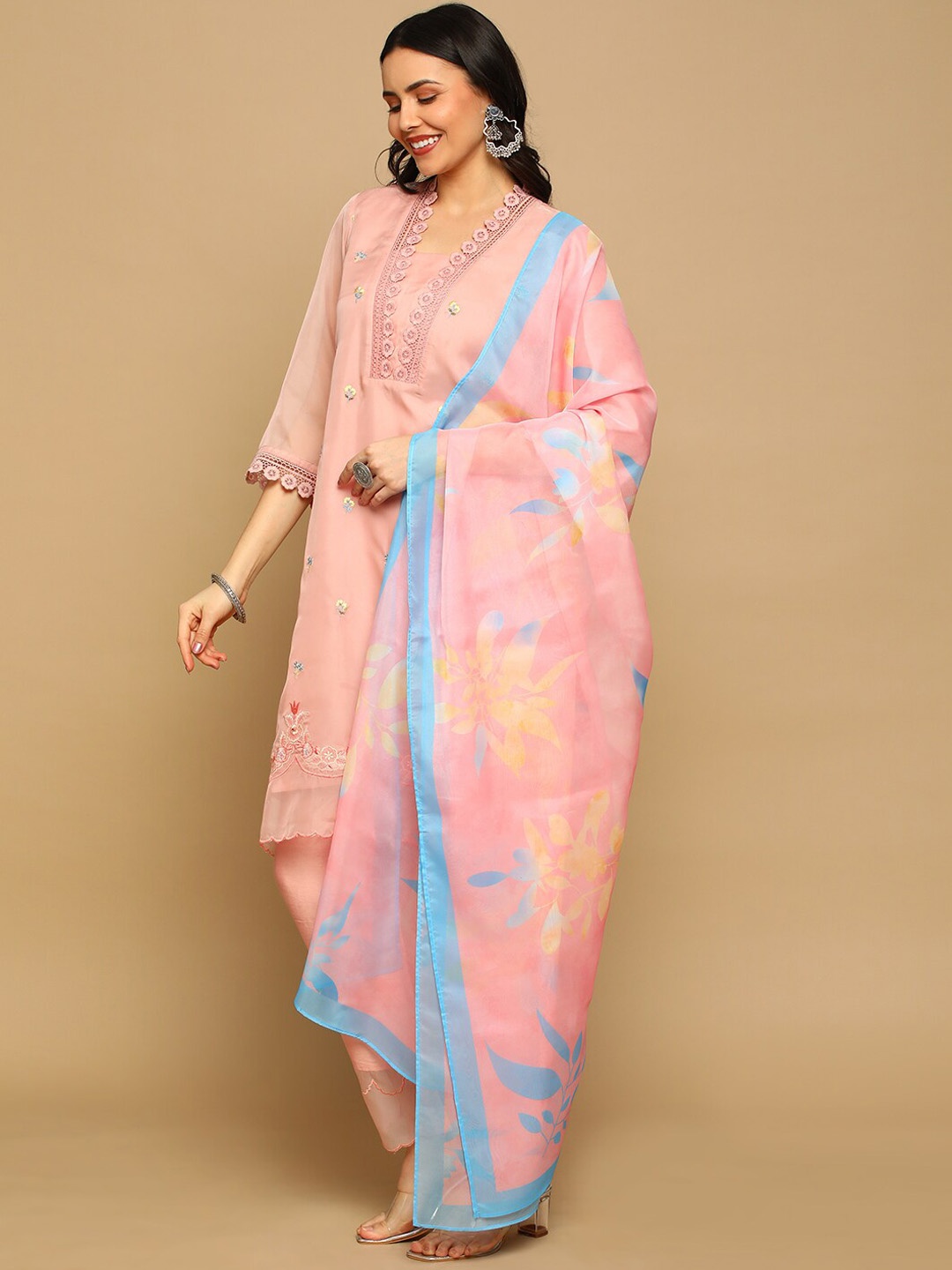 

HEEPOSH Floral Embroidered Kurta with Trousers & Dupatta, Peach