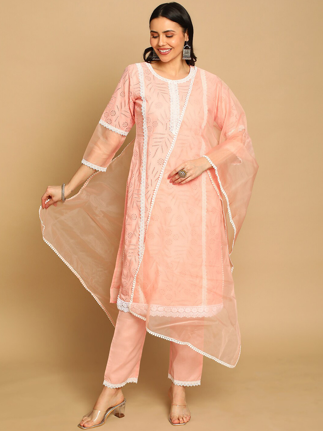 

HEEPOSH Self Design Thread Work Pure Cotton Kurta With Trousers & Dupatta, Peach