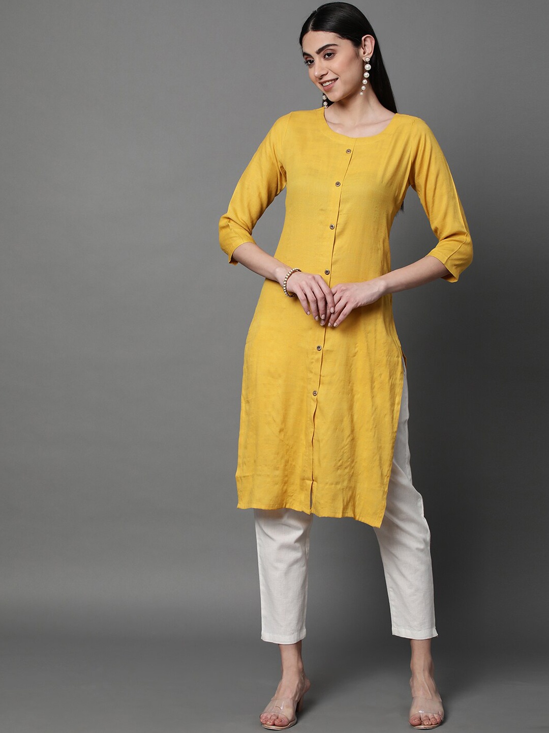 

HEEPOSH Round Neck Button Detailed Straight Kurta, Yellow