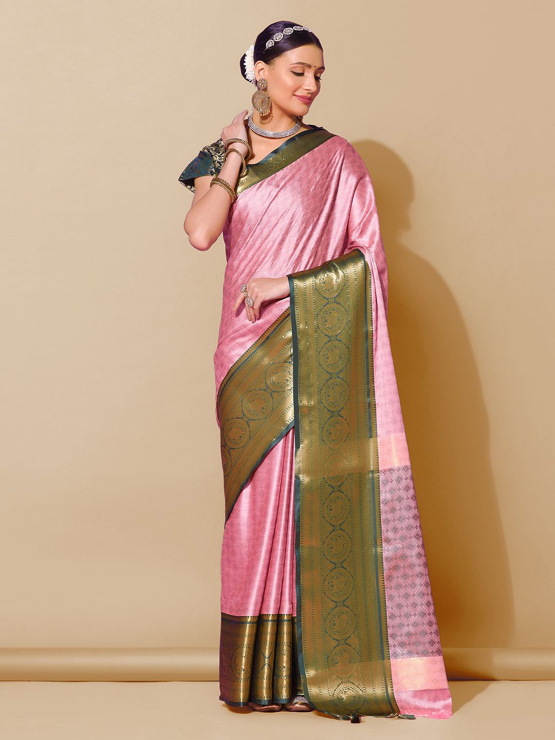 

Satrani Ethnic Motif Woven Design Zari Banarasi Saree, Pink