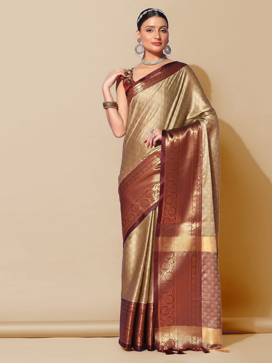 

Satrani Beige & Coffee Brown Ethni Motif Woven Design Zari Banarasi Saree