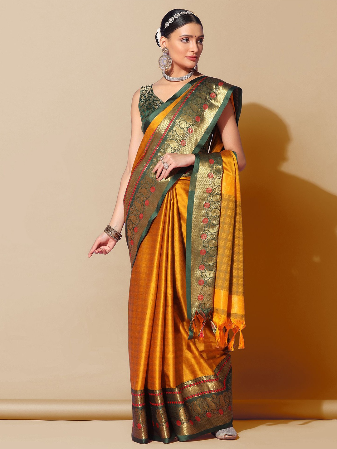 

Satrani Mustard & Green Woven Design Zari Banarasi Saree