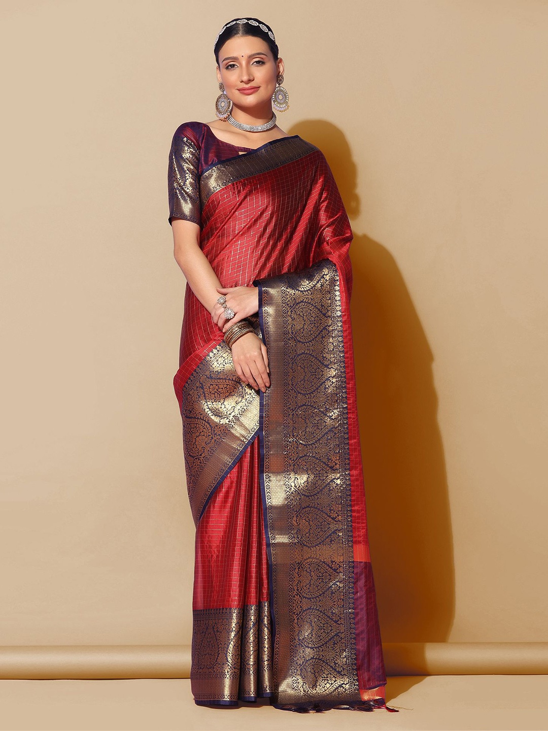 

Satrani Maroon & Blue Checked Zari Banarasi Saree