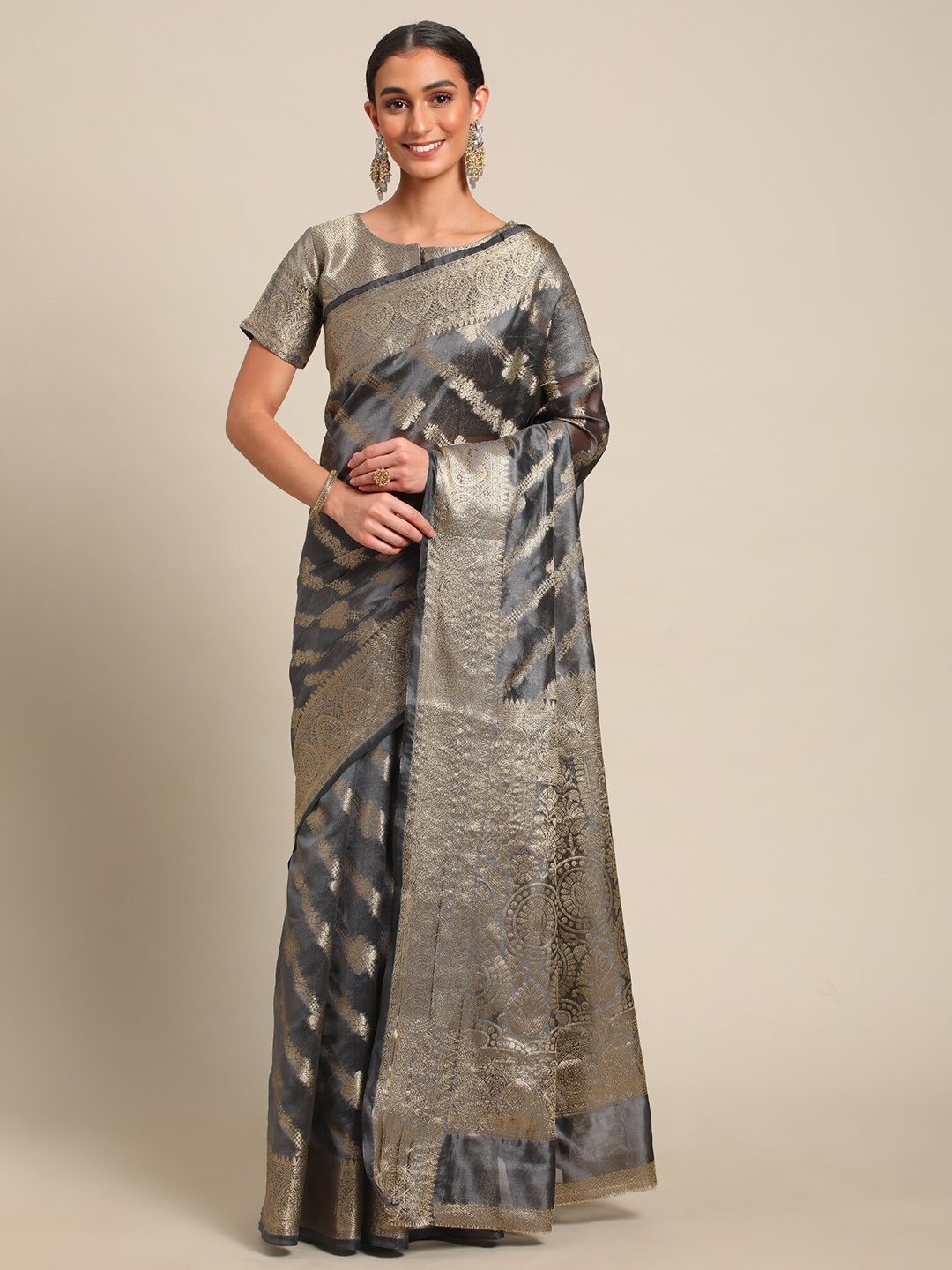 

all about you Grey & Gold-Toned Floral Woven Design Zari Organza Saree