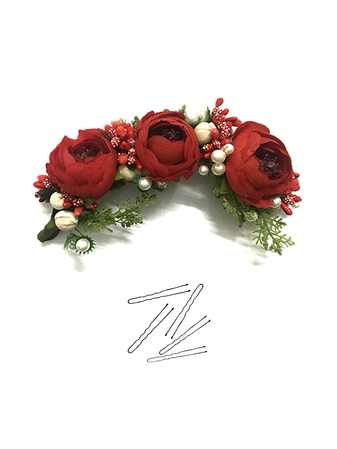 

Hair Flare Women Embellished Artificial Flower Tiara with U Pins, Red
