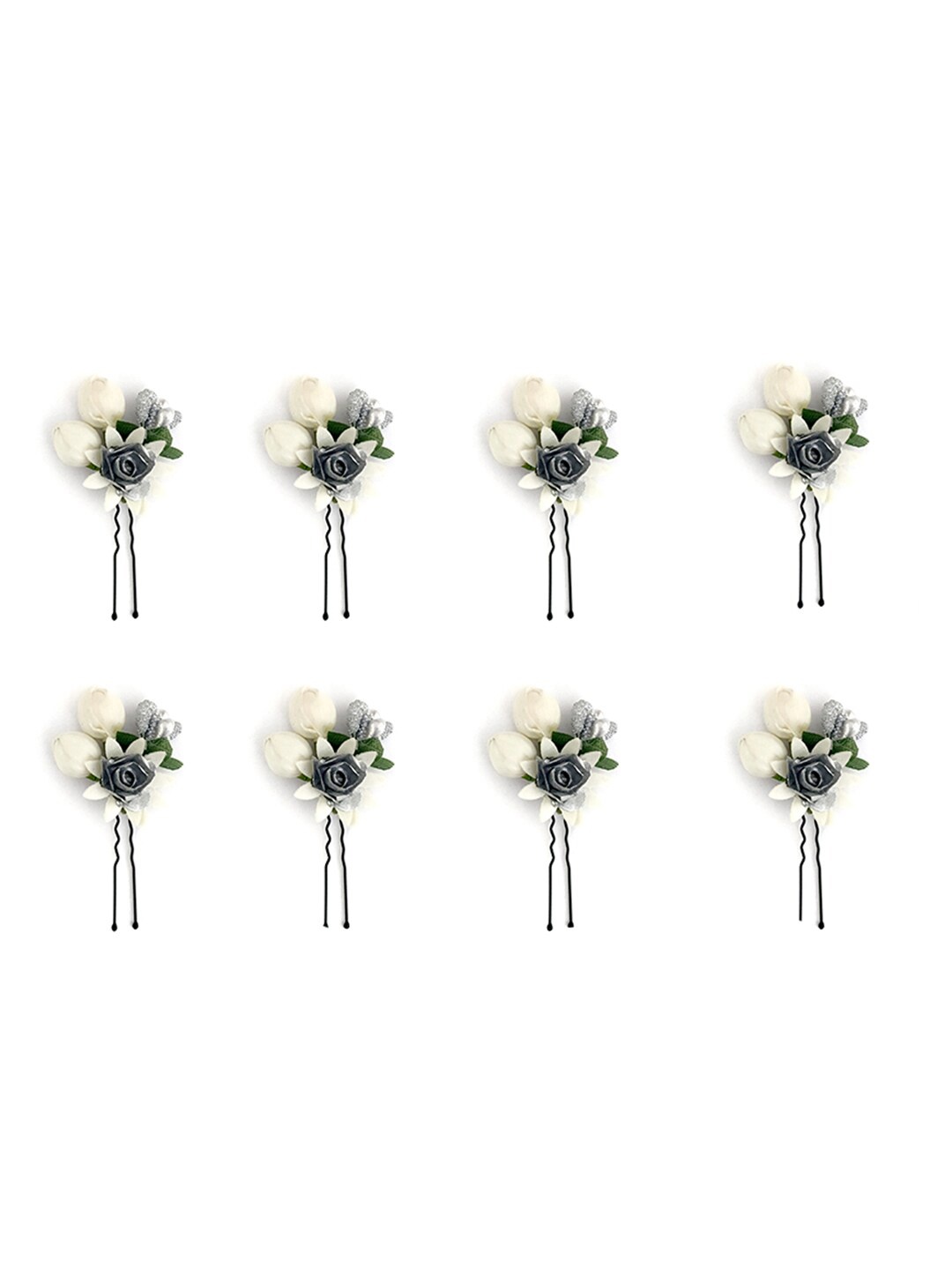 

Hair Flare Women Set of 8 Artificial Small Rose Flower U Pins, Silver