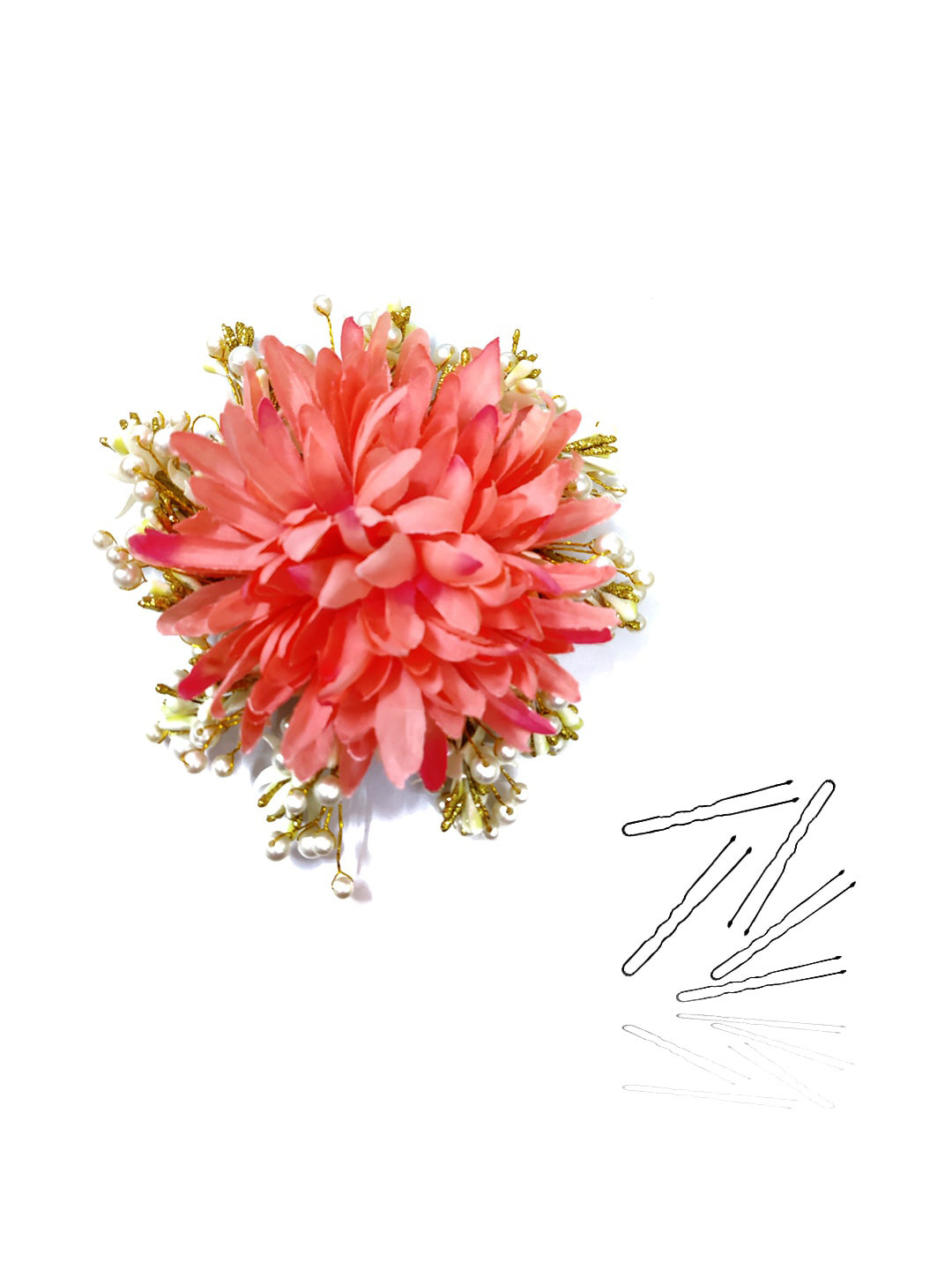 

Hair Flare Women Shaded Floral Design With Pearl & Stone U Pin, Peach