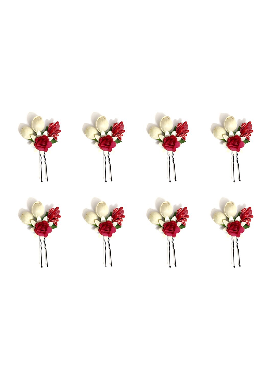 

Hair Flare Women Set of 8 Artificial Small Rose Flower With Mongra Bridal Hair Accessory, Red