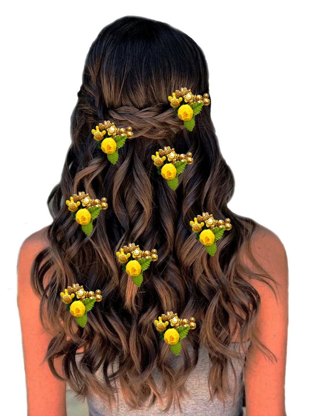 

Hair Flare Women Set Of 8 Floral Hair Stick, Yellow