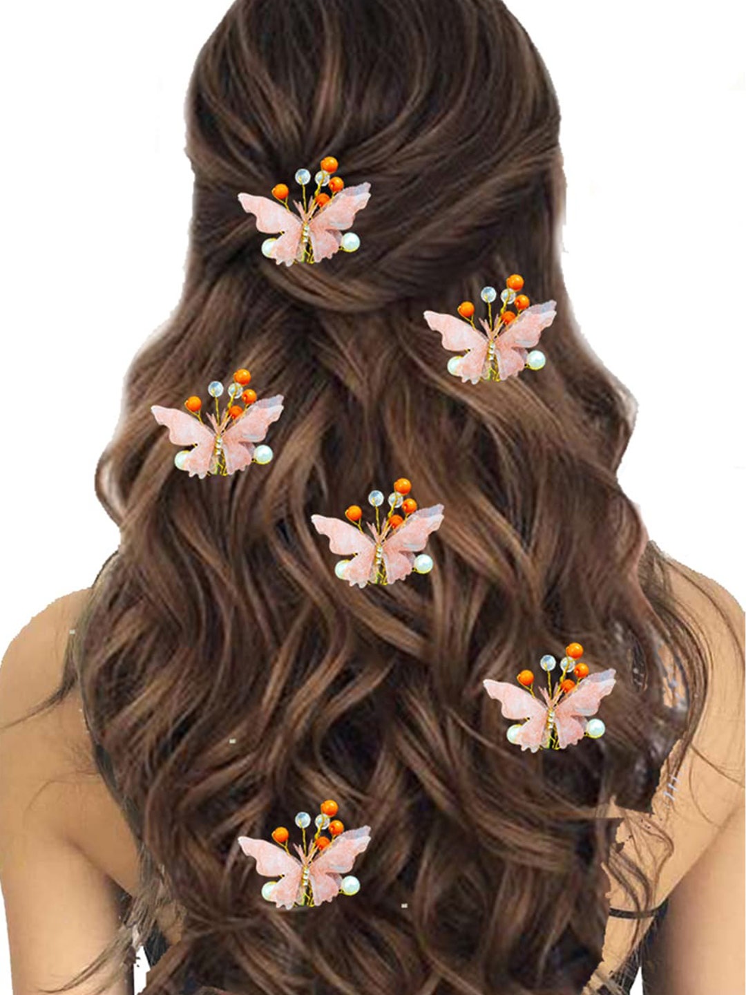 

Hair Flare Women Set of 5 Artificial Butterfly With Shiny Pearl Bridal Hair Accessory, Peach