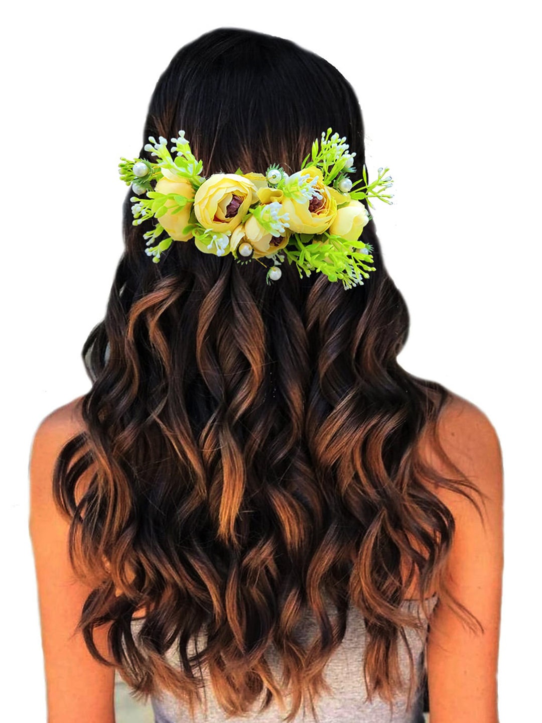 

Hair Flare Women Attractive Flowers With Pearl & Leaf Design Tiara, Yellow