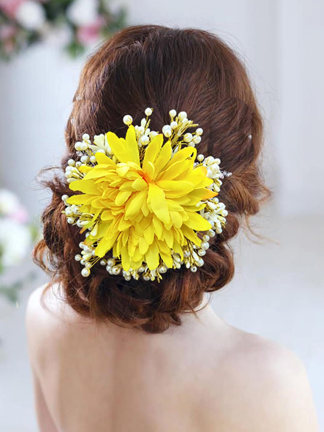 

Hair Flare Women Shaded Floral Design With Pearl & Stone Hair Accessory, Yellow