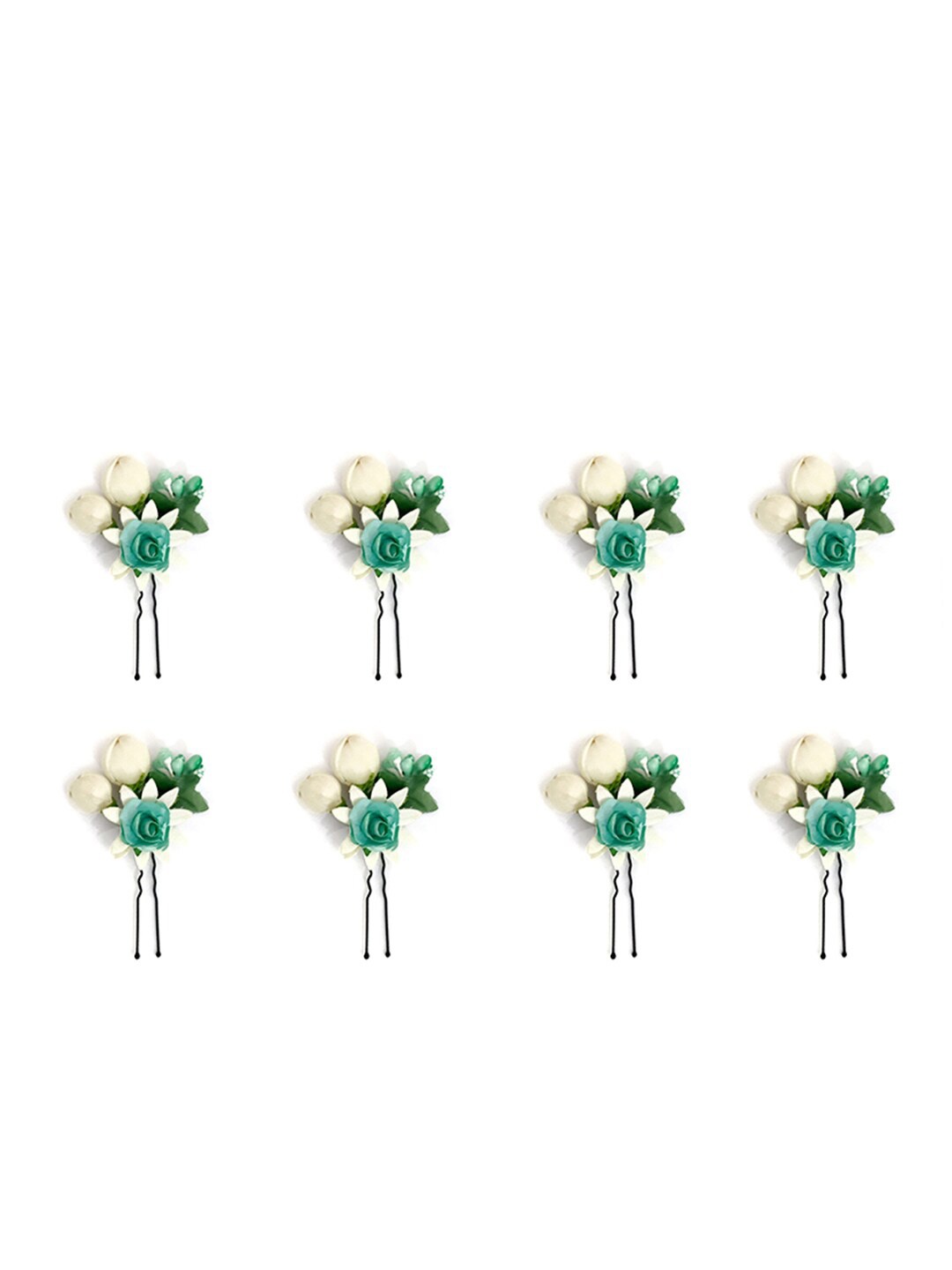 

Hair Flare Women Set Of 8 Artificial Small Rose Flower With Mongra Bridal Hair Accessories, Sea green