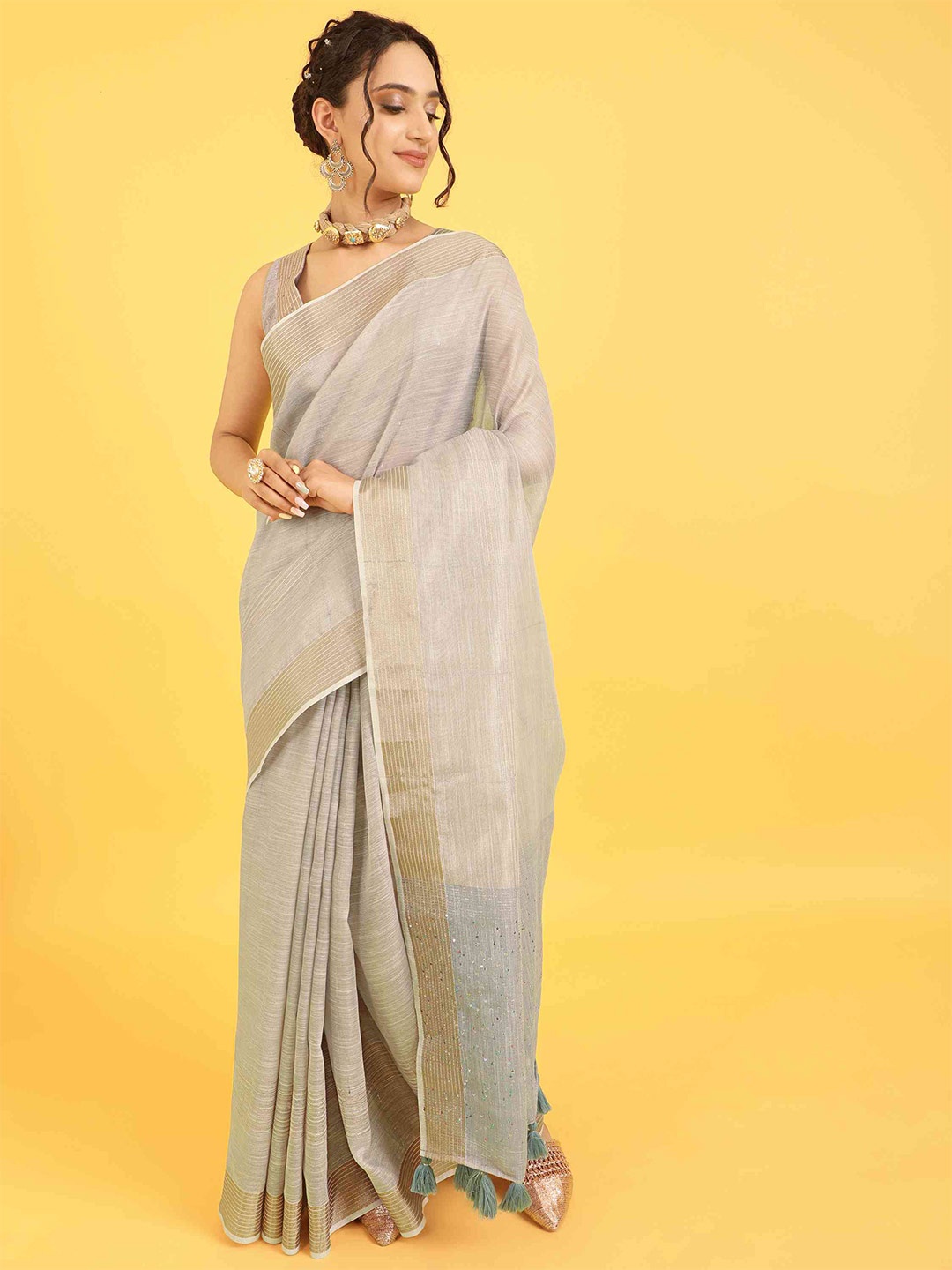 

elora Zari Pure Cotton Bhagalpuri Saree, Grey