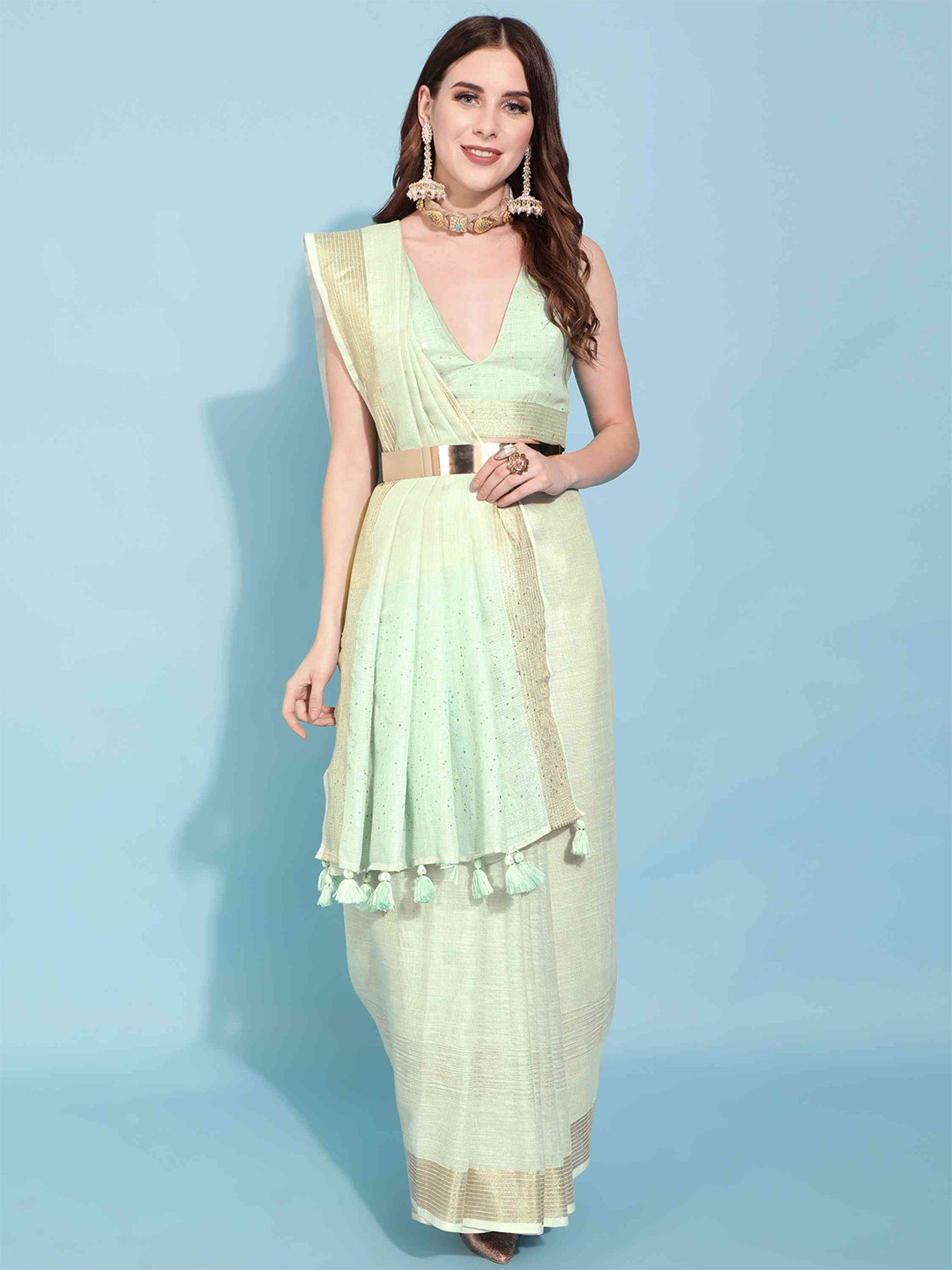 

elora Embellished Sequinned Pure Cotton Designer Bhagalpuri Saree, Turquoise blue