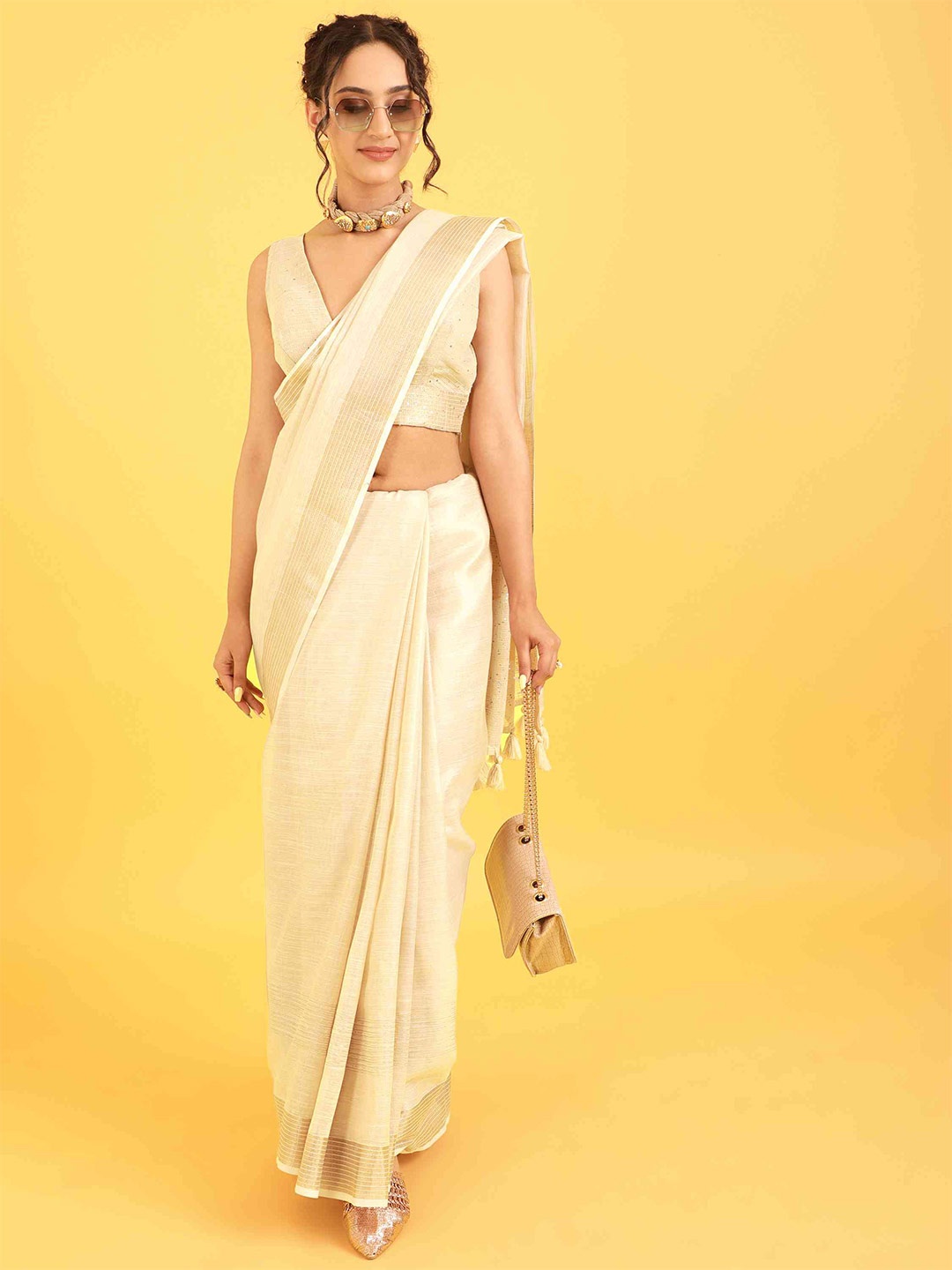 

elora Sequinned Embellished Pure Cotton Saree, Beige