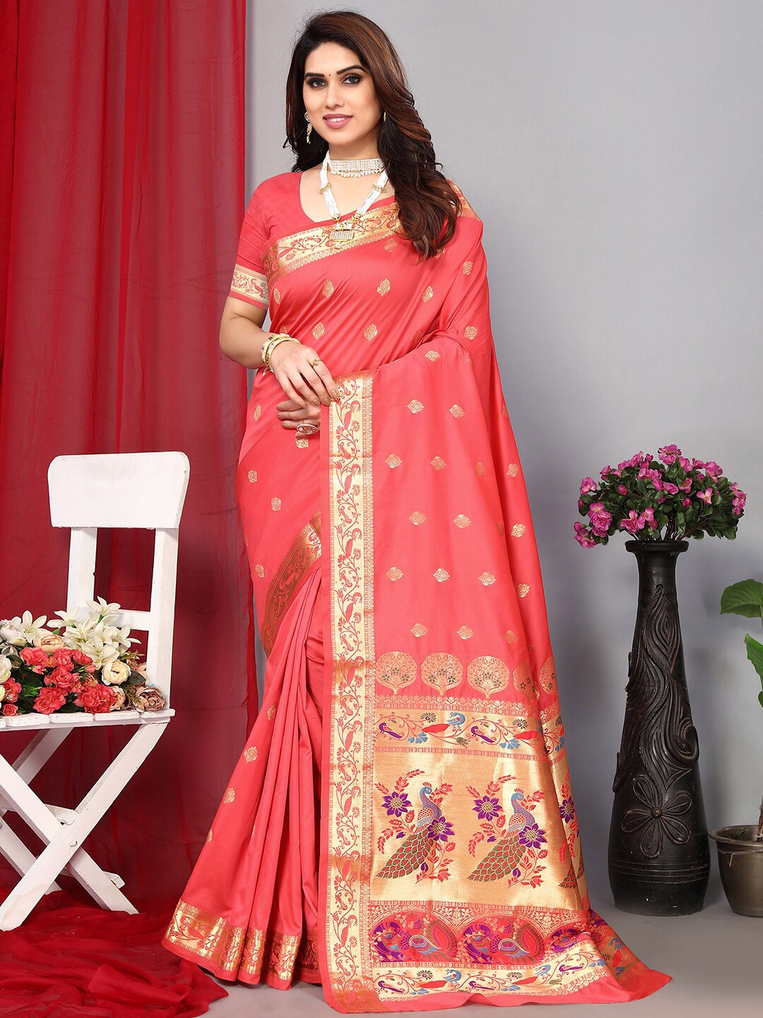 

Satrani Pink & Blue Ethinic Woven Design Zari Paithani Saree