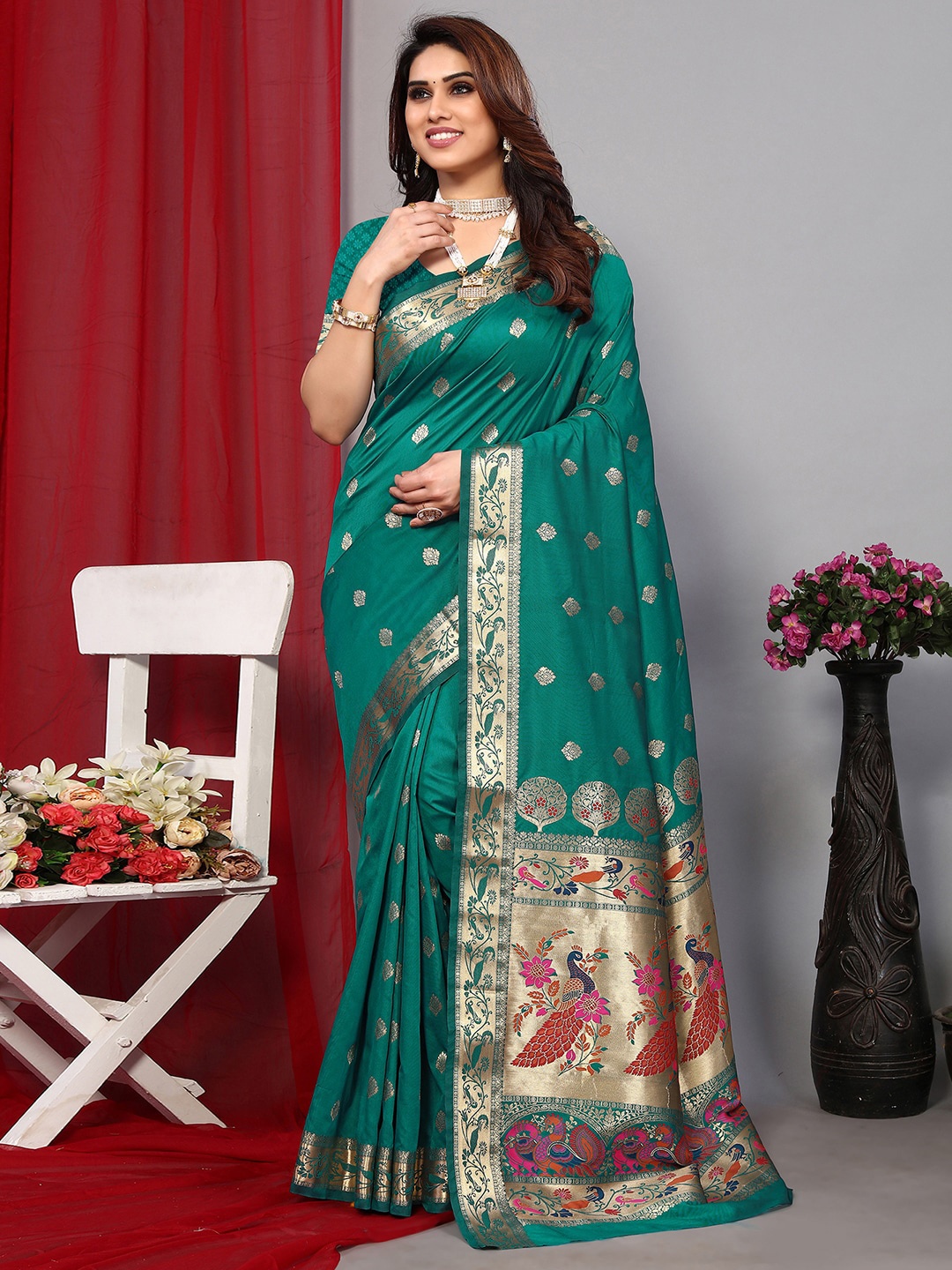 

Satrani Woven Design Zari Paithani Saree, Green