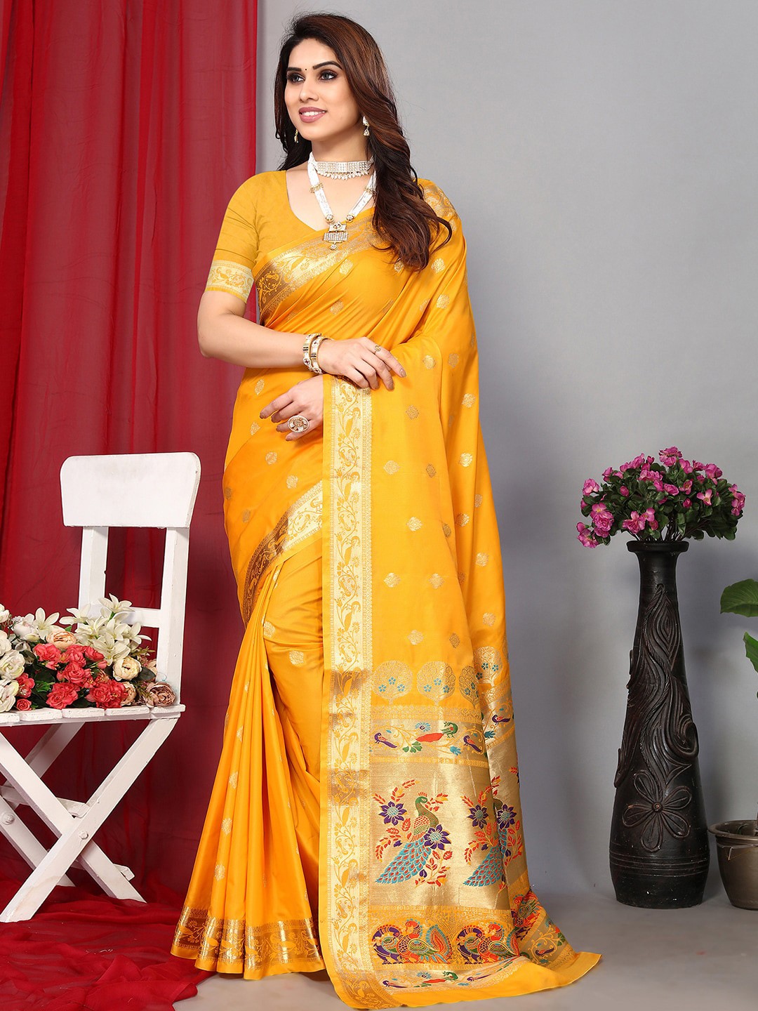 

Satrani Yellow & Gold-Toned Ethnic Woven Design Zari Paithani Saree
