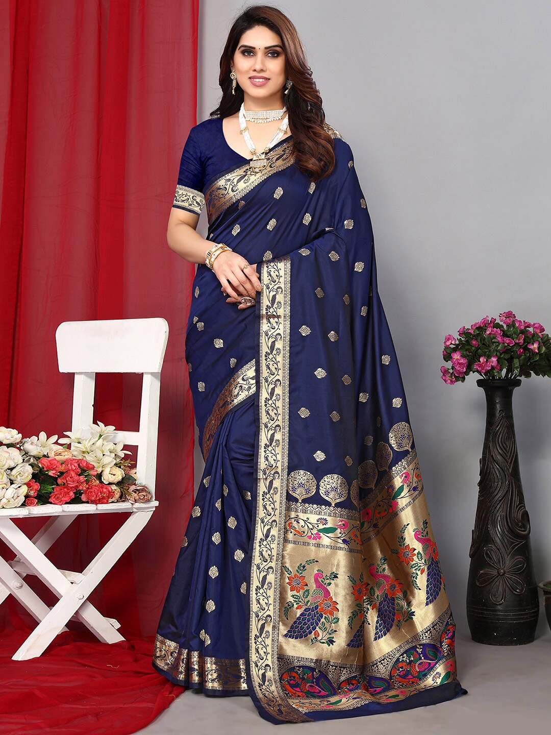 

Satrani Blue & Red Ethnic Motif Woven Design Zari Paithani Saree