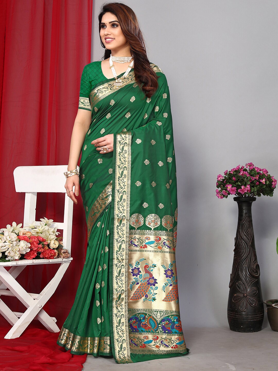 

Satrani Green & Red Woven Design Zari Paithani Saree