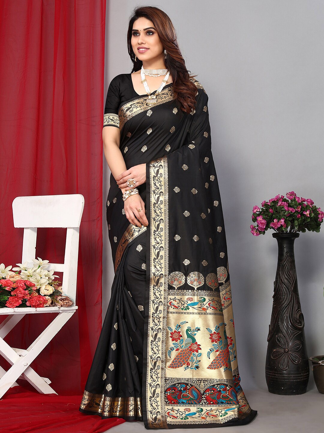 

Satrani Ethnic Motif Poly Silk Paithani Zari Saree With Blosue Piece, Black