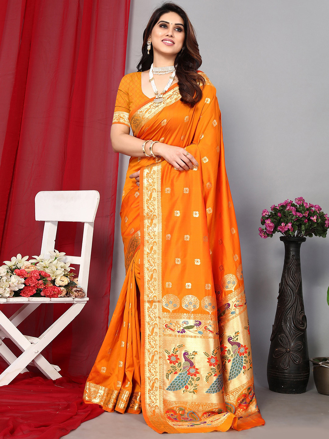 

Satrani Orange & Gold-Toned Woven Design Zari Paithani Saree
