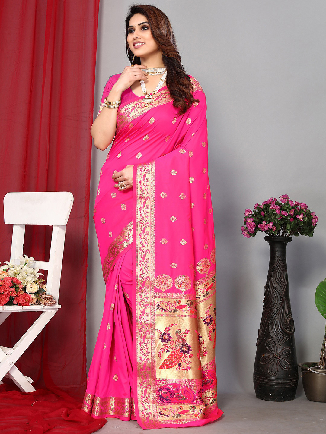 

Satrani Pink & Gold-Toned Ethnic Woven Design Zari Paithani Saree