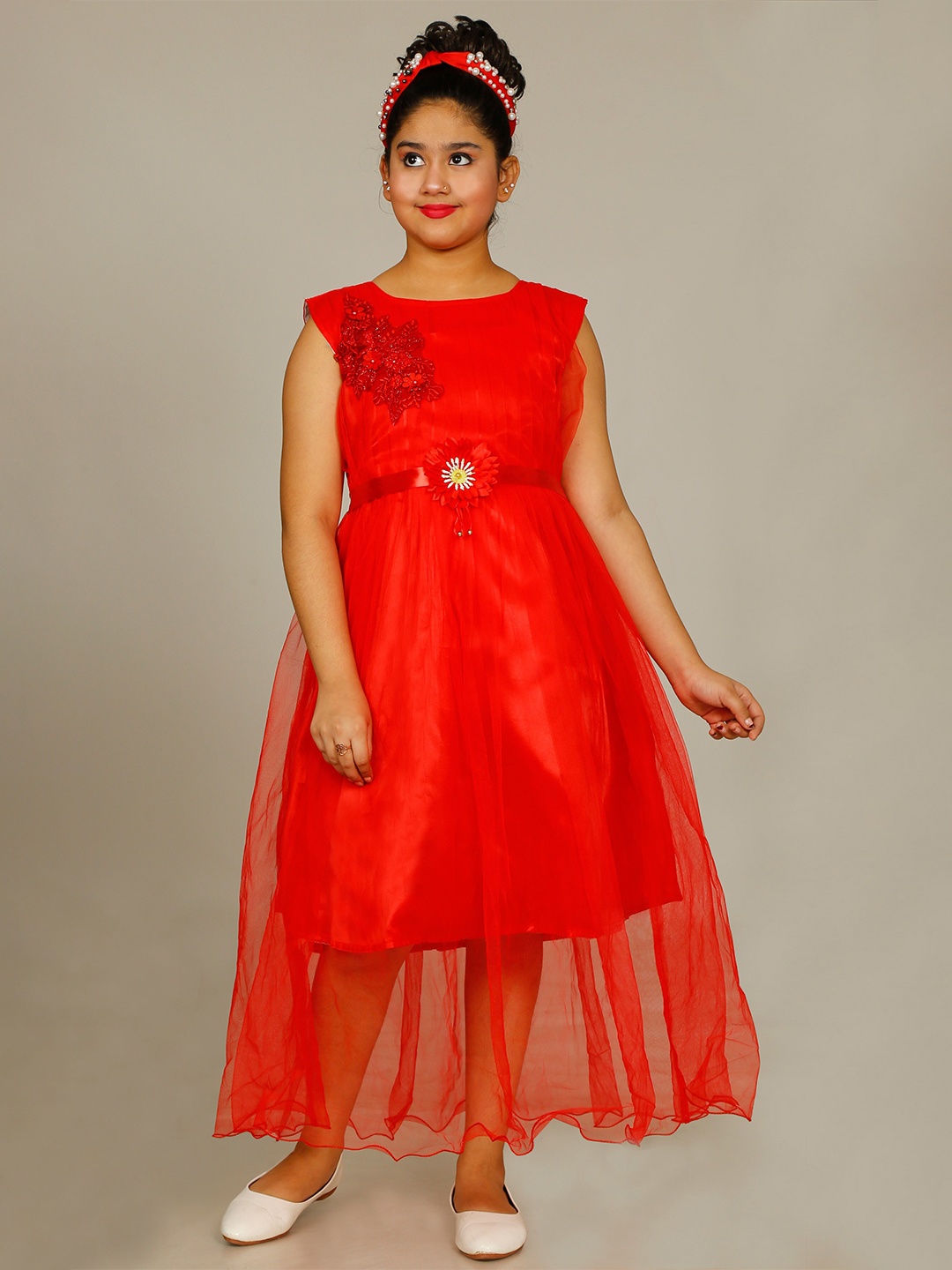

KAARIGARI Girls Applique Net Fit & Flare Maxi Dress, Red