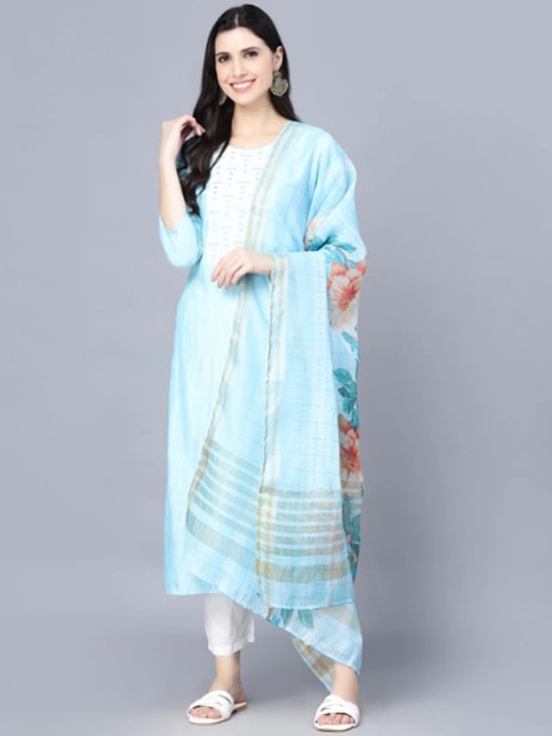 

Myshka Thread Work Pure Cotton Kurta with Trousers & With Dupatta, Turquoise blue