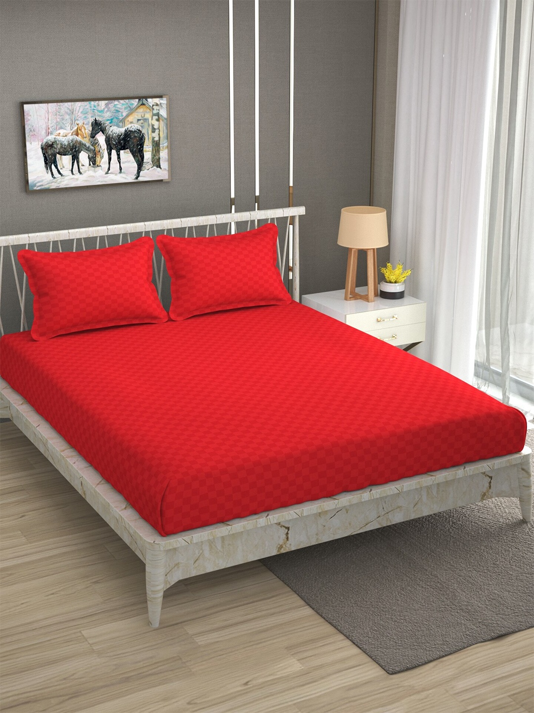

BELVOSTUM String Stone Red Checked 180 TC Cotton Queen Bedsheet & 2 Pillow Covers