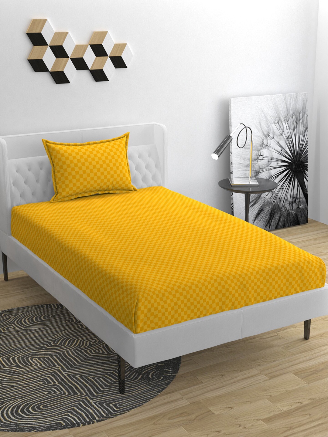 

BELVOSTUM String Stone Yellow Checked 180 TC Cotton Single Bedsheet & Pillow Cover