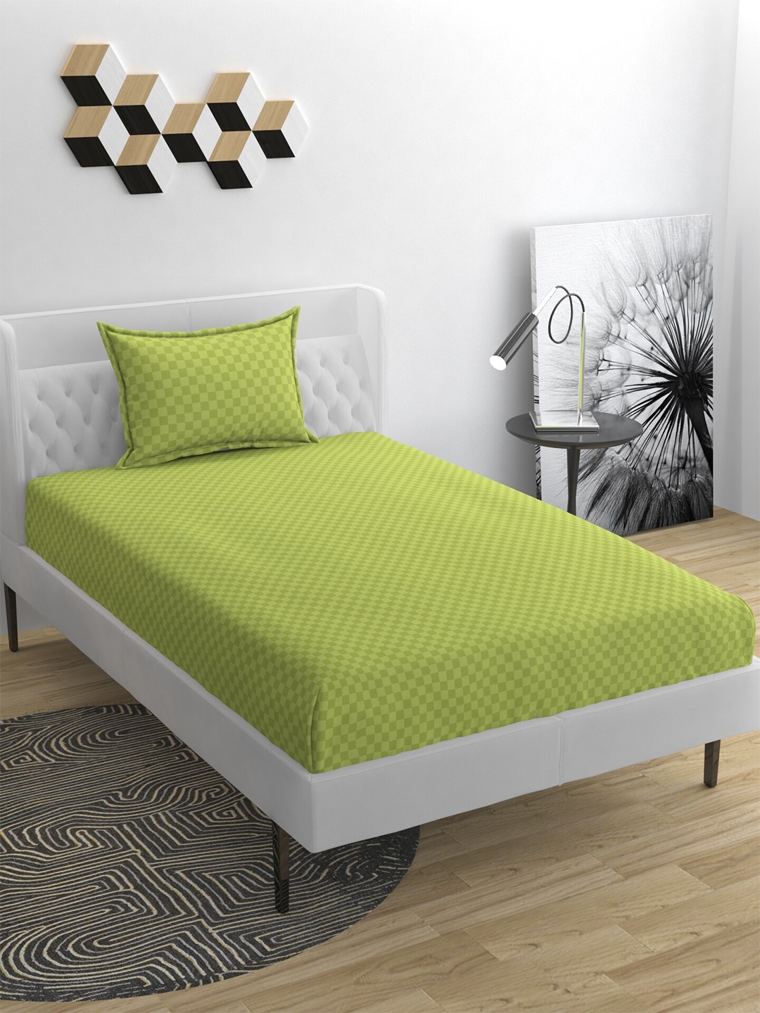 

BELVOSTUM String Stone Green Checked 180 TC Cotton Single Bedsheet & Pillow Cover