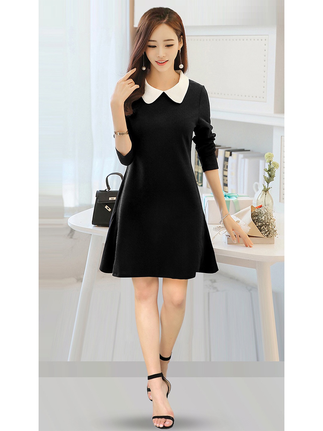 

FAVRIZ Peter Pan Collar Above Knee A-Line Dress, Black