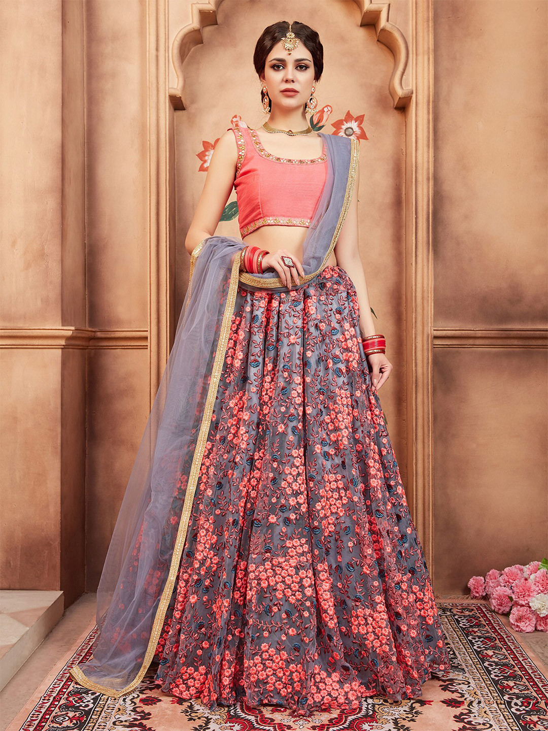 

FABPIXEL Embroidered Thread Work Semi-Stitched Lehenga & Unstitched Blouse With Dupatta, Grey