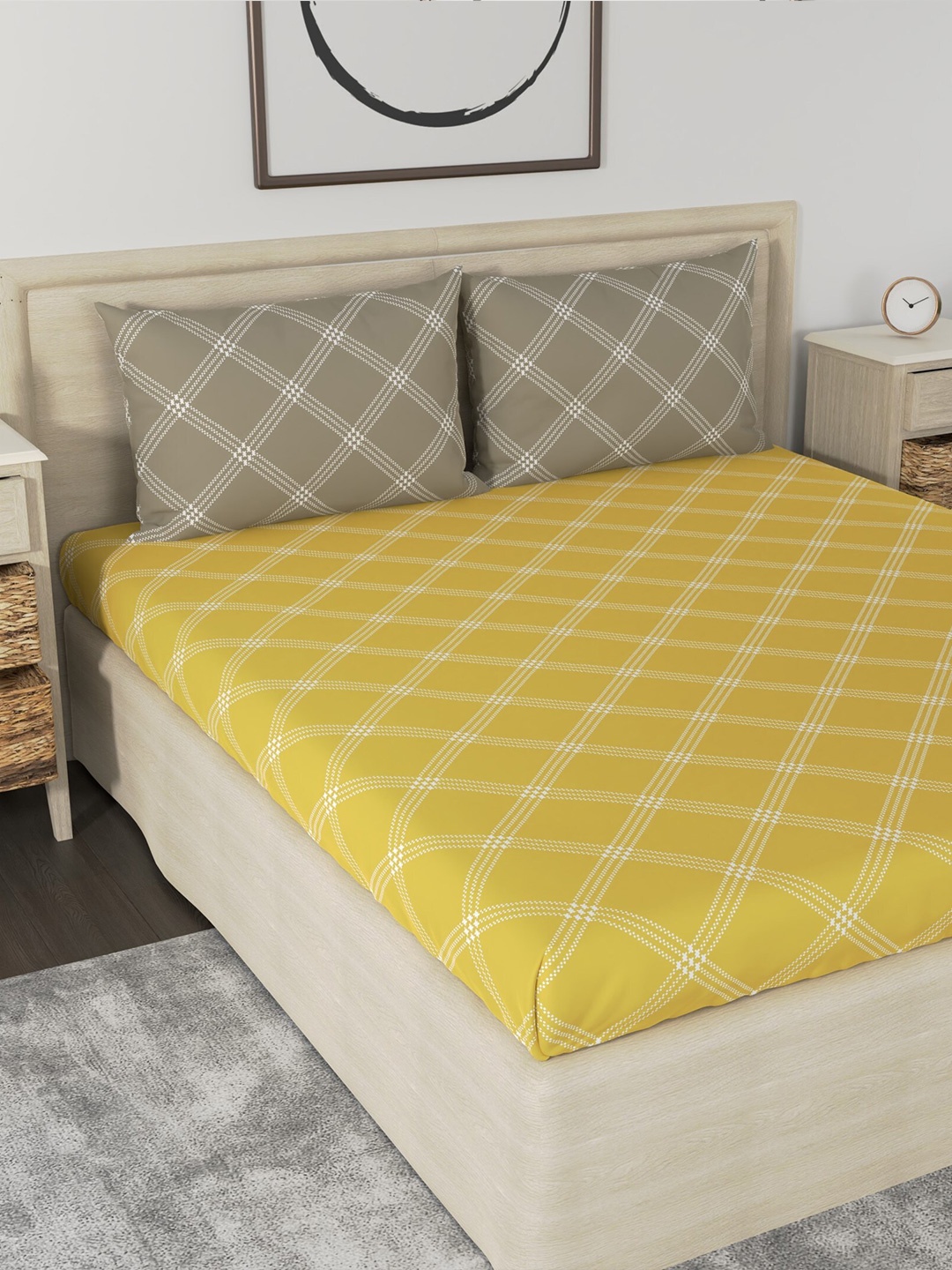 

Huesland Aspire Yellow & Beige Printed 186 TC Cotton King Bedsheet & 2 Pillow Covers