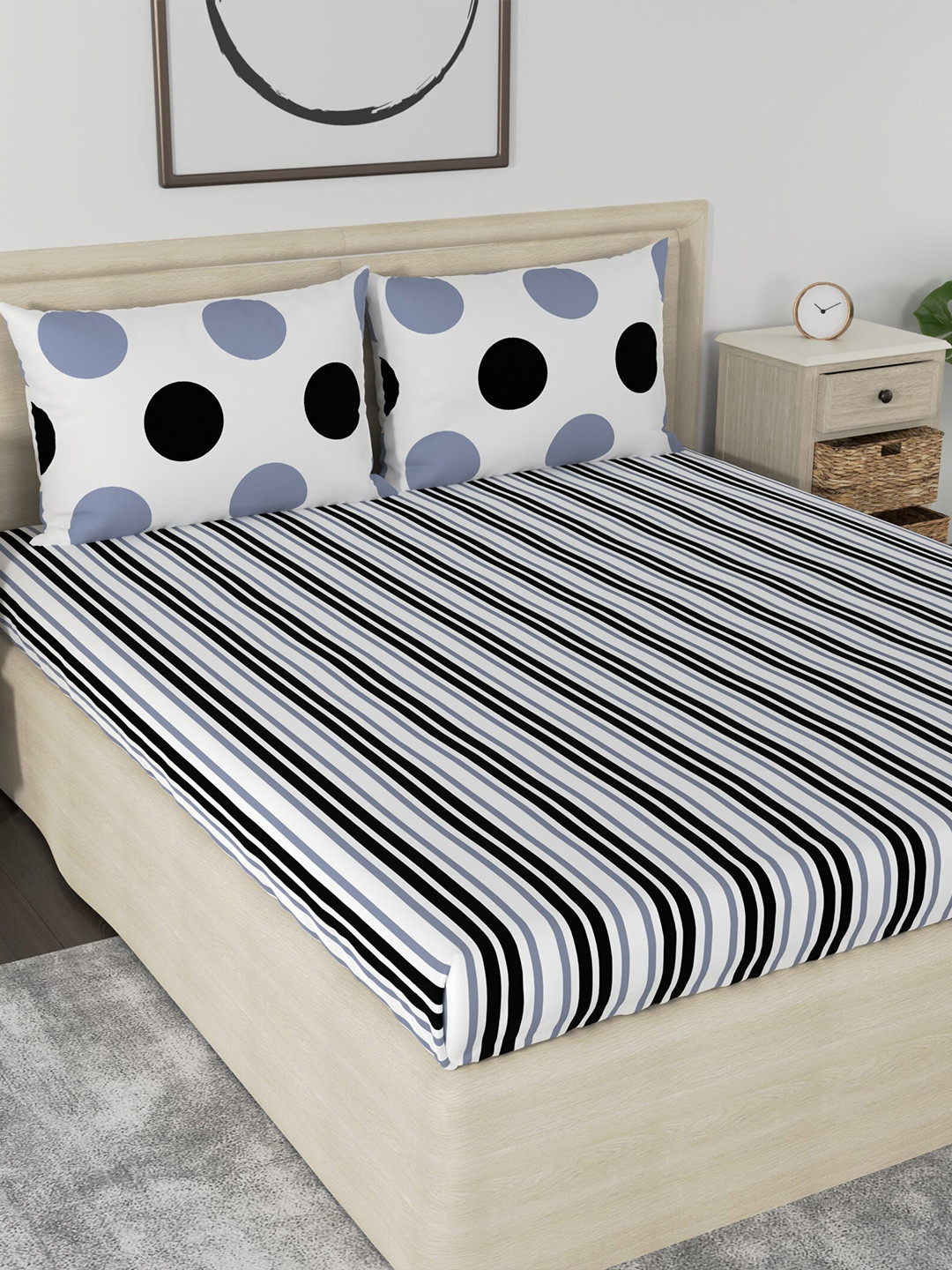 

Huesland Aspire Black & Grey Striped 186 TC Cotton King Bedsheet With 2 Pillow Covers