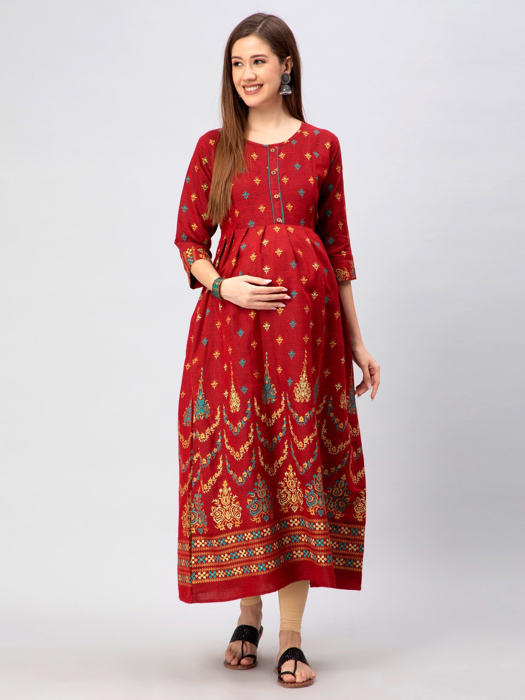 

CEE-18 Red Printed Pure Cotton Maternity Ethnic Dress