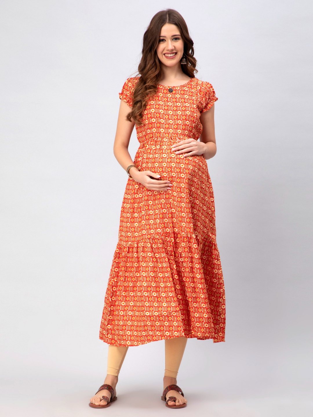 

CEE-18 Geometric Printed Cotton Maternity Feeding A-Line Kurta, Orange