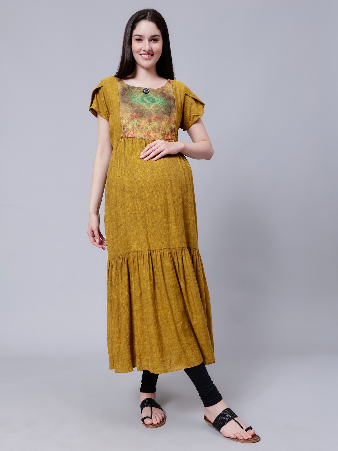 

CEE-18 Maternity Yoke Design Tiered A-Line Kurta, Mustard