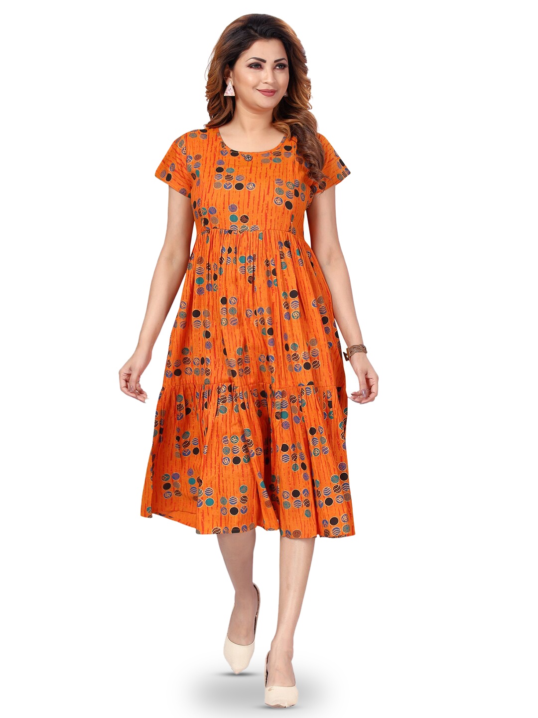 

CEE-18 Women Printed Pure Cotton Maternity Ethnic Dresses, Orange