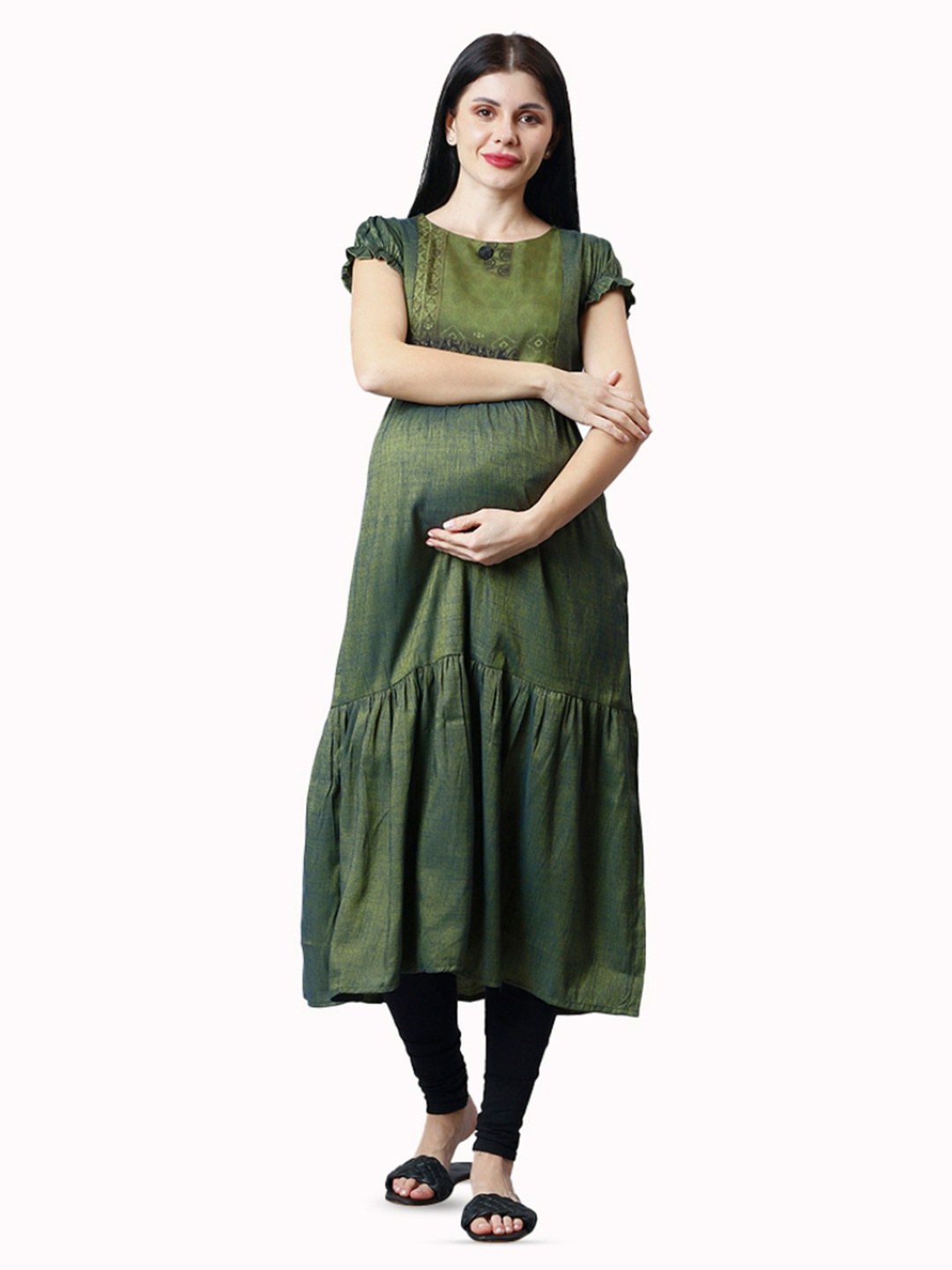 

CEE-18 Ethnic Motifs Printed Pure Cotton Maternity Kurti With Zipper, Green