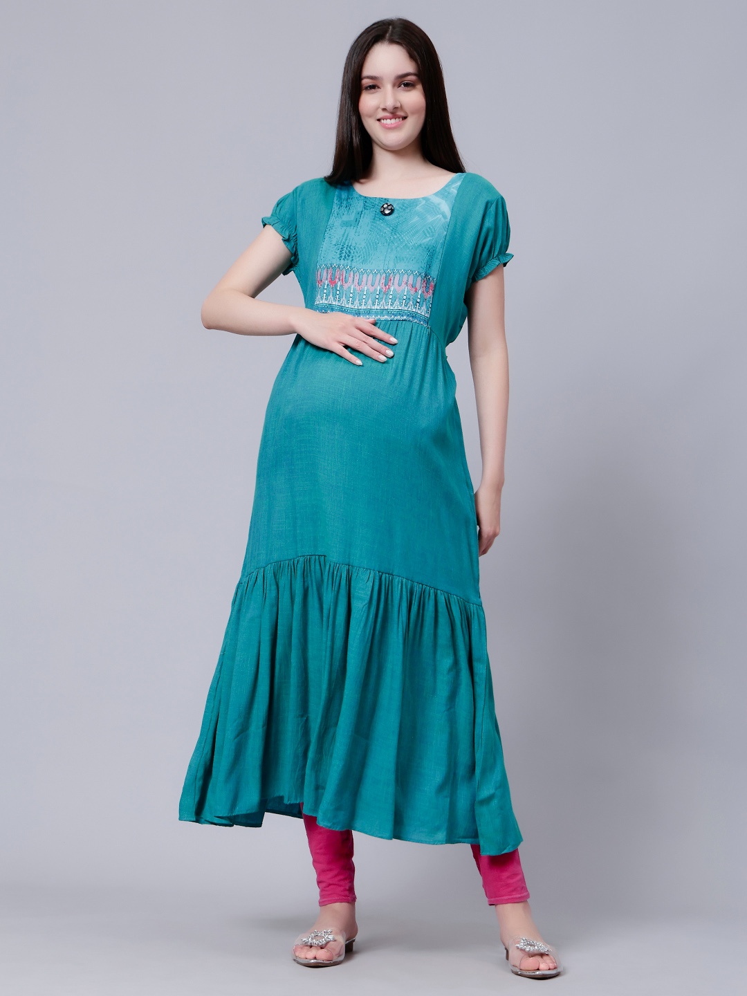 

CEE-18 Puff Sleeves Cotton Maternity A-Line Kurta, Turquoise blue