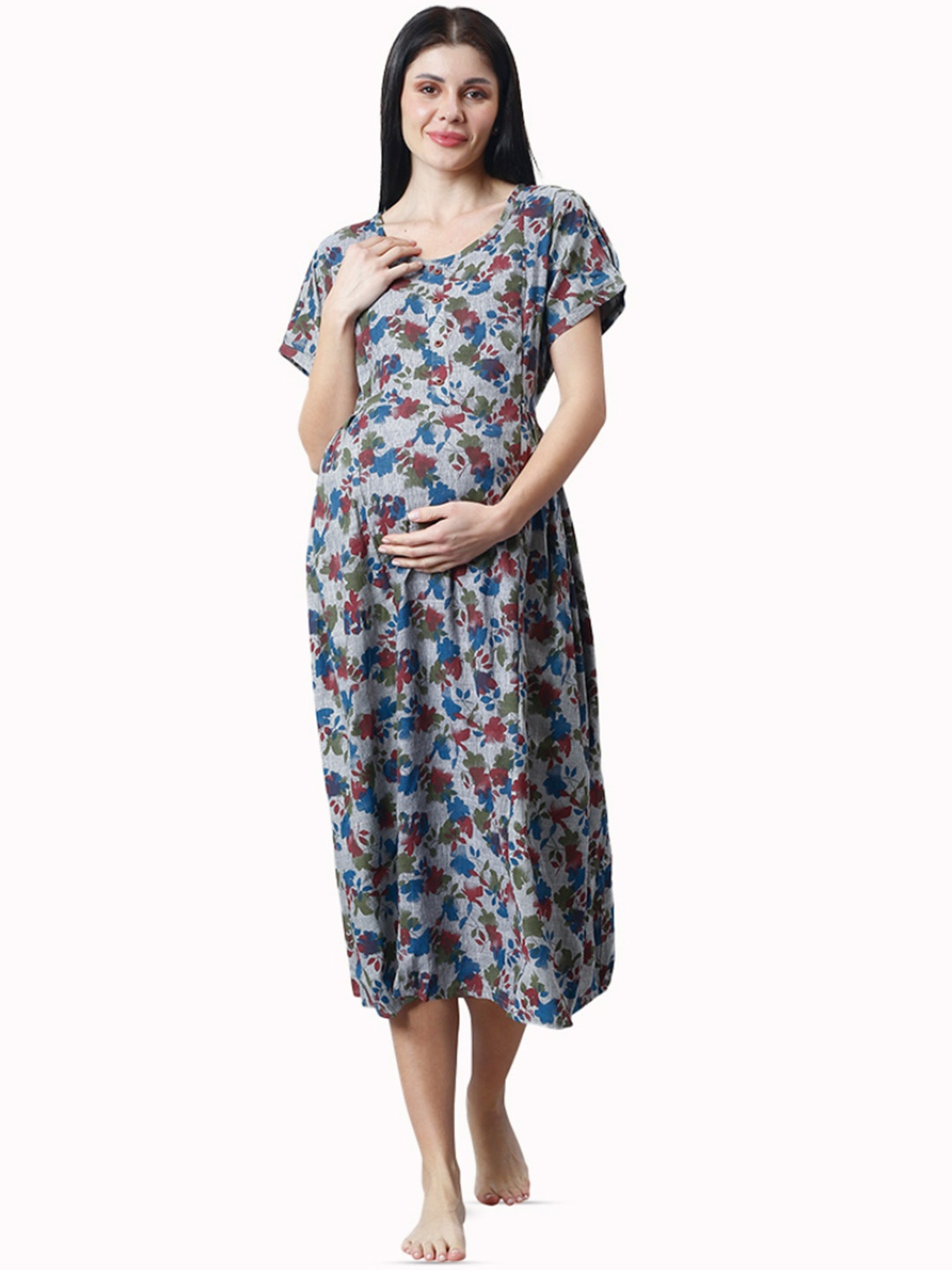

CEE-18 Grey & Red Ethnic Motifs Printed Pure Cotton Maternity Kurti