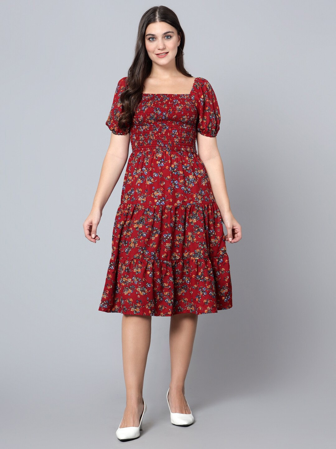 

Bani Women Floral Printed Puff Sleeve Fit & Flare Dress, Red